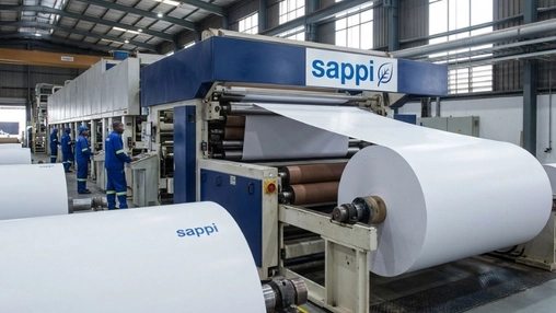 Workers in blue overalls operating a large industrial paper machine with Sappi branding and white paper rolls