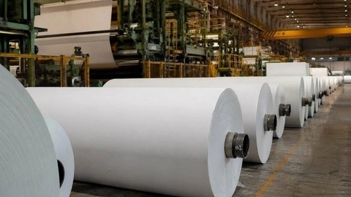 Rows of large white paper rolls on an industrial mill floor with green machinery and yellow overhead cranes