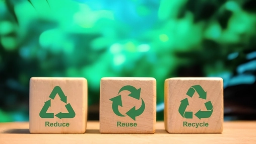 Wooden cubes with green circular arrow symbols labelled Reduce Reuse and Recycle against a green background